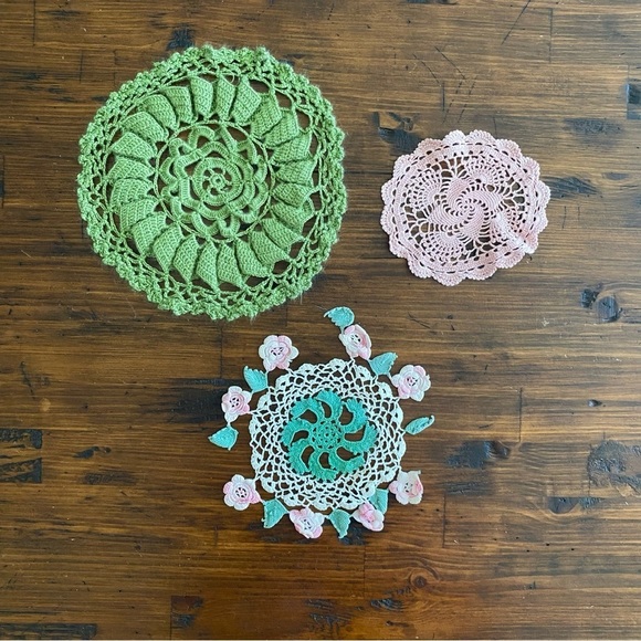 Vintage Other - Vintage Lace Crochet Doily Pink Green Rosette Beige Doilie Cottagecore set of 3